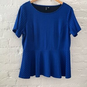 Elle Womens Cobalt Blue Houndstooth Print Short Sleeve Peplum Top Shirt Size Lg